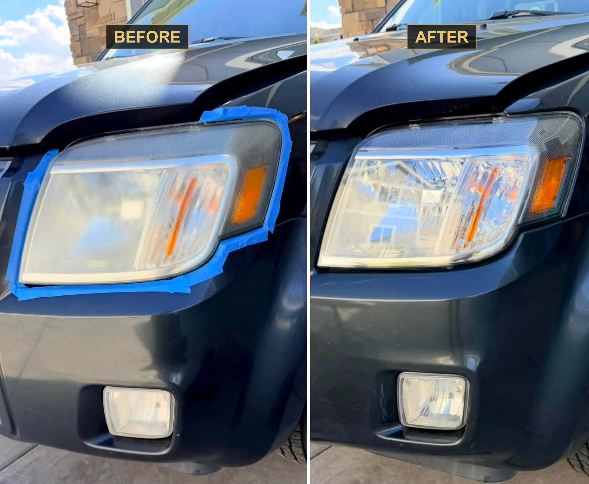 Headlight restoration before and after, hazy on the left, clear and restored on the right