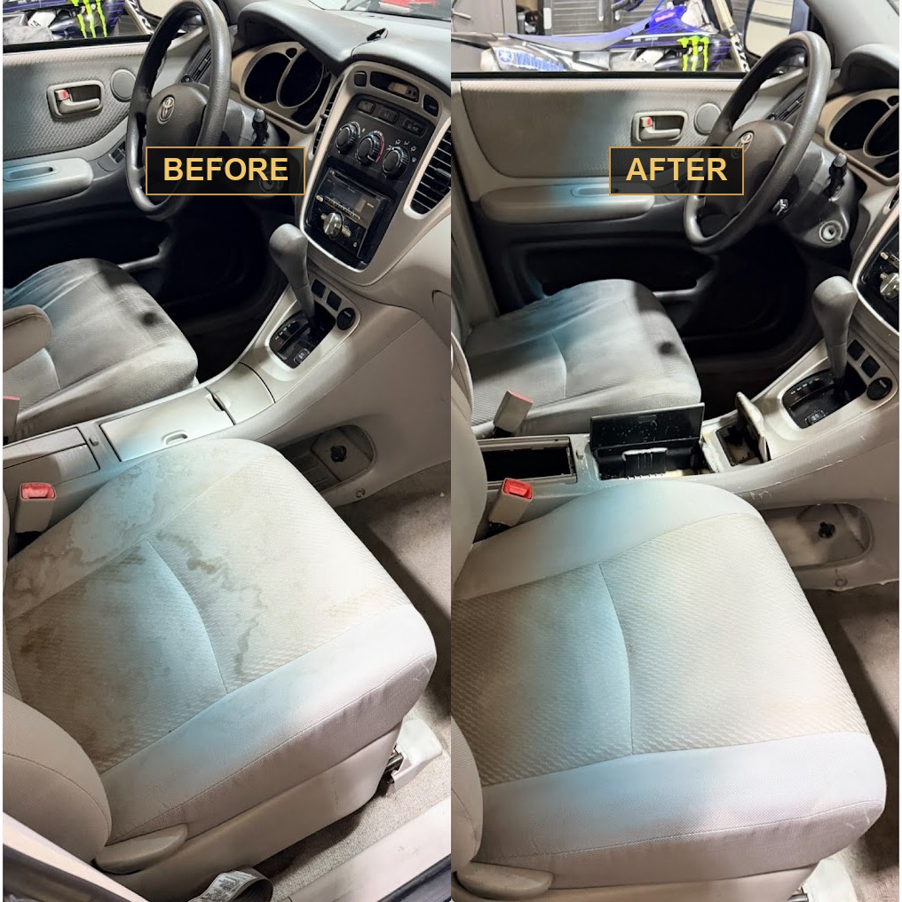 Toyota interior seats before and after stain extraction and shampoo