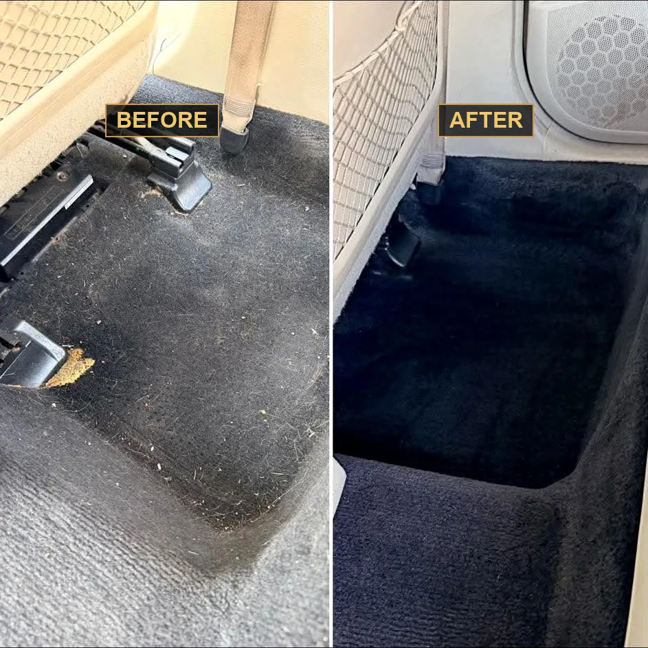 Car carpet before and after pet hair removal, embedded hair and debris on the left, fully cleaned on the right