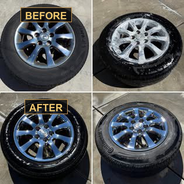 Wheel before and after cleaning, four panel comparison