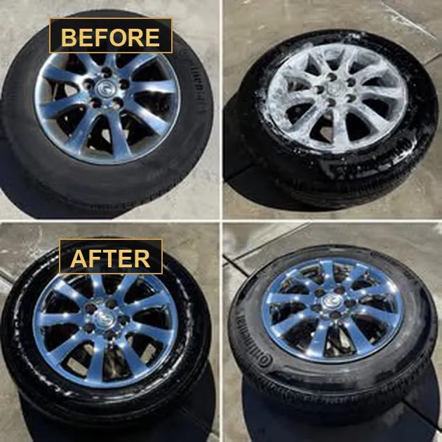 Wheel before and after cleaning, dirty on top, clean and shining on bottom